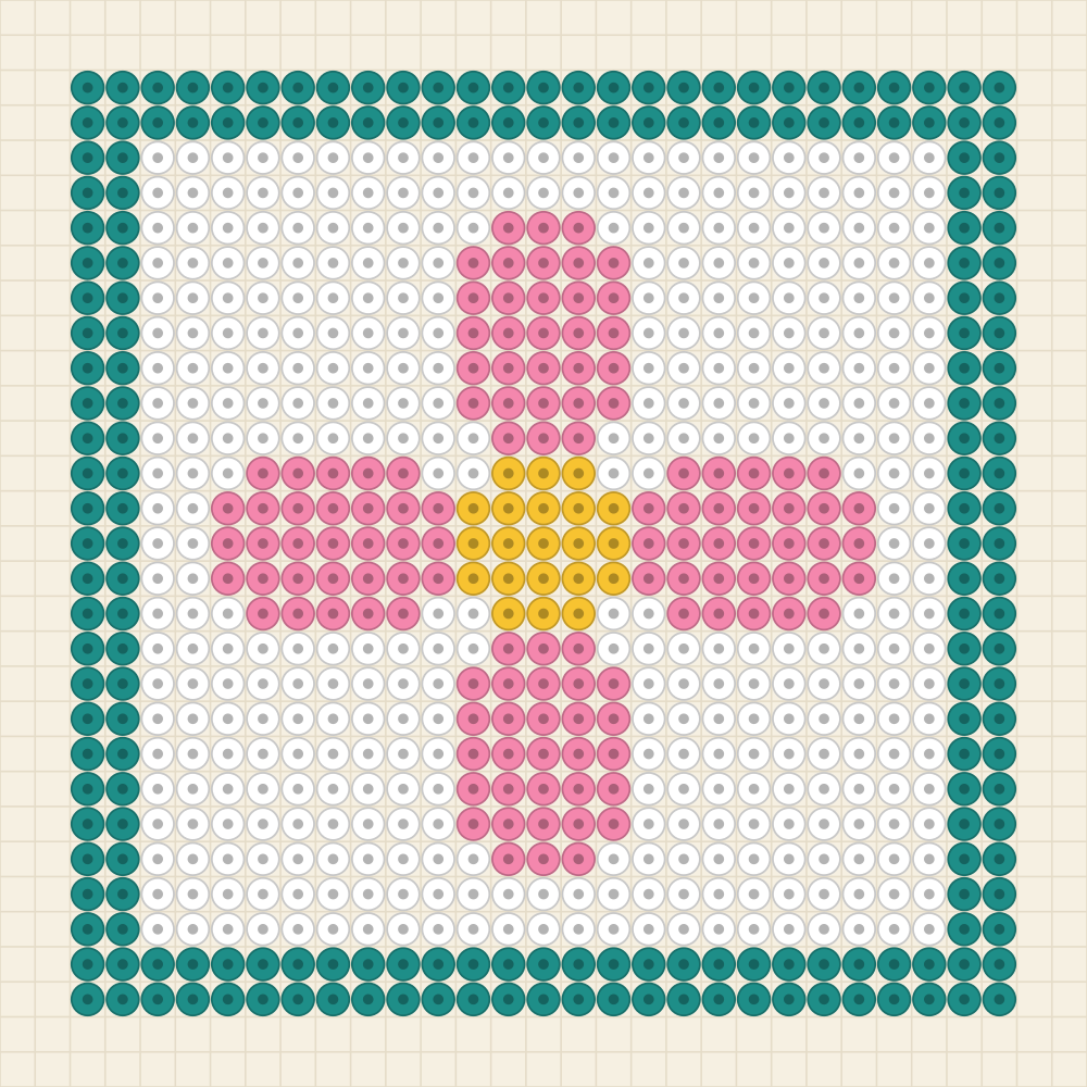 Perler bead coaster idea charted as a pink four petal flower framed in teal