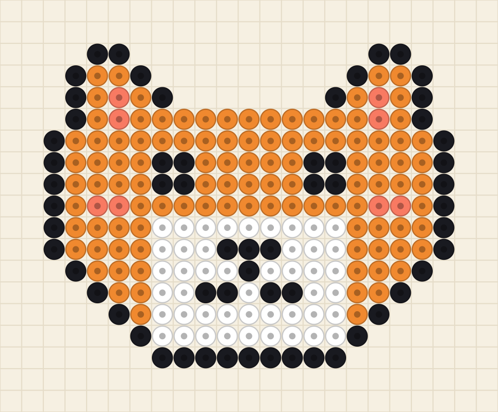 Perler bead animal idea charted as an orange fox face with a white muzzle