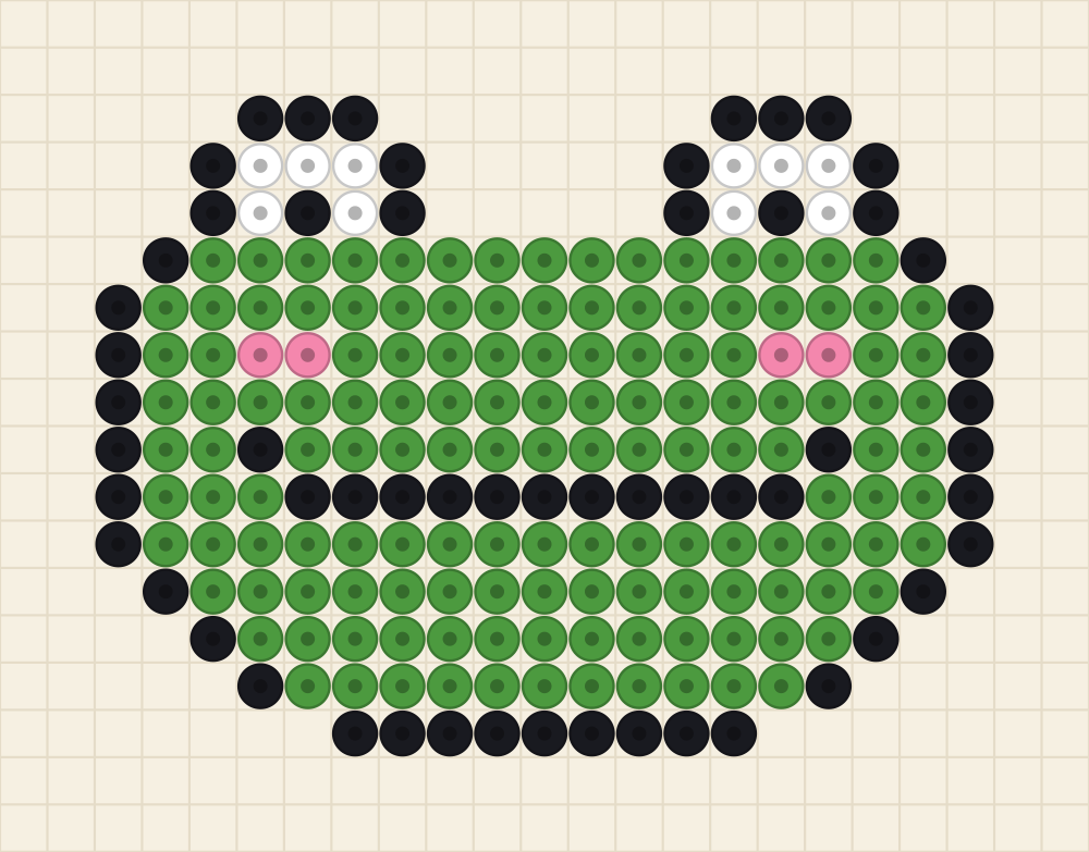 Perler bead animal idea charted as a green frog face with eyes on stalks