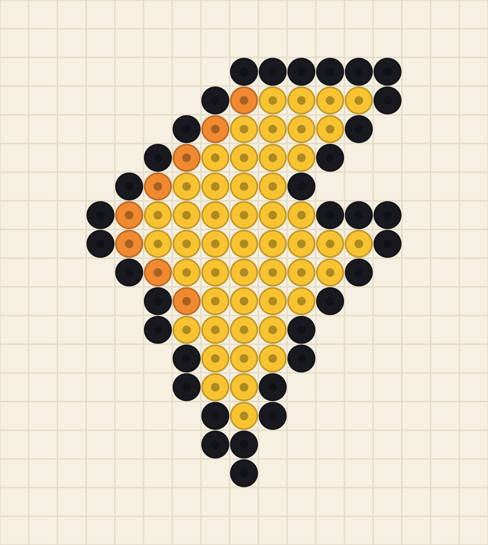 Perler bead keyring idea charted as a two tone yellow lightning bolt on a narrow grid