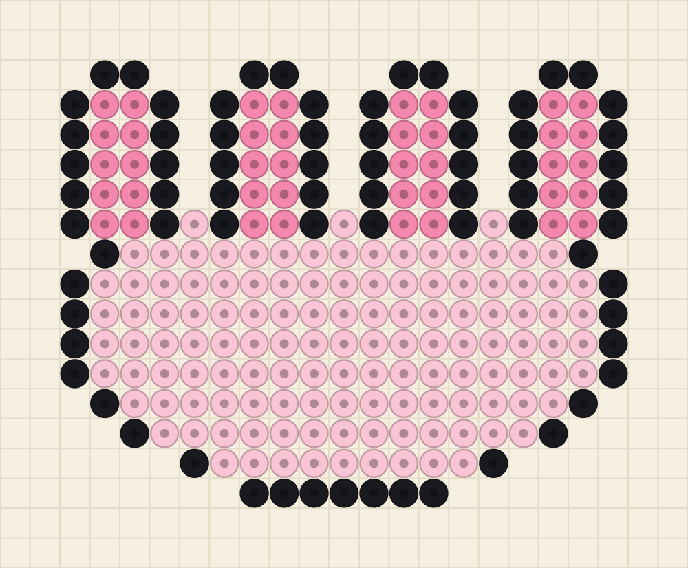 Perler bead keyring idea charted as a pink paw print with four toes and one wide pad