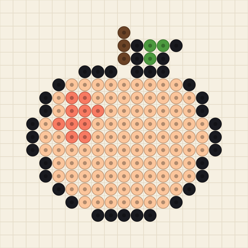 Perler bead keyring idea charted as a peach with a green leaf and coral blush