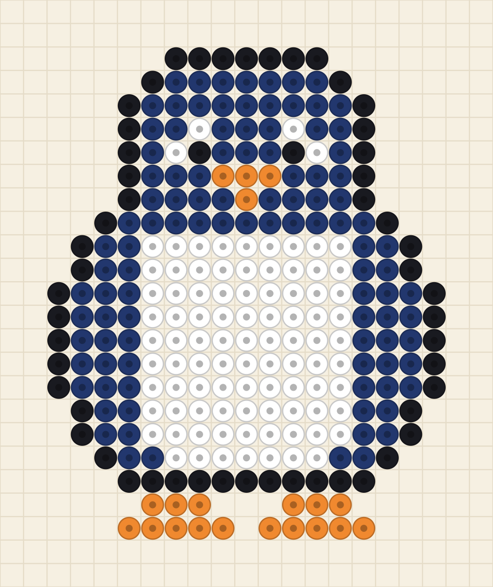 Perler bead animal idea charted as a navy penguin with a white belly and orange feet