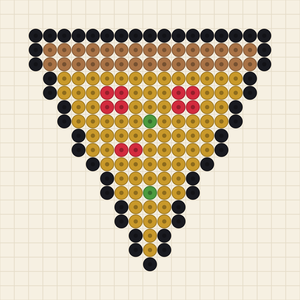 Perler bead keyring idea charted as a pizza slice with pepperoni and basil on a toffee crust