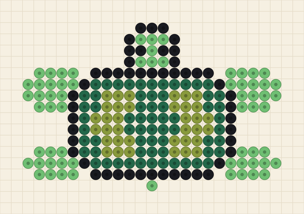 Perler bead animal idea charted as a top down sea turtle with a plated shell