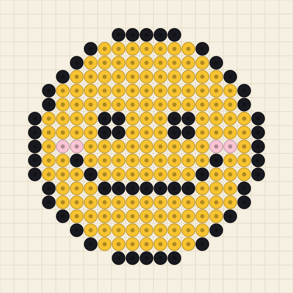 Perler bead fridge magnet idea charted as a yellow smiley face with blushed cheeks