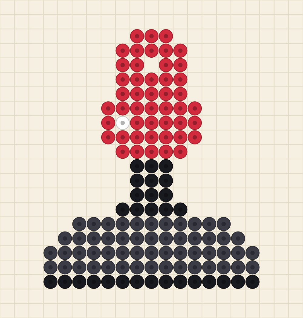 Perler bead keychain chart of an arcade joystick with a red ball top and a charcoal base plate