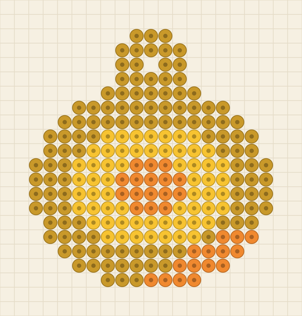 Perler bead keychain chart of a gold arcade token with a slot cut through the middle and shading below