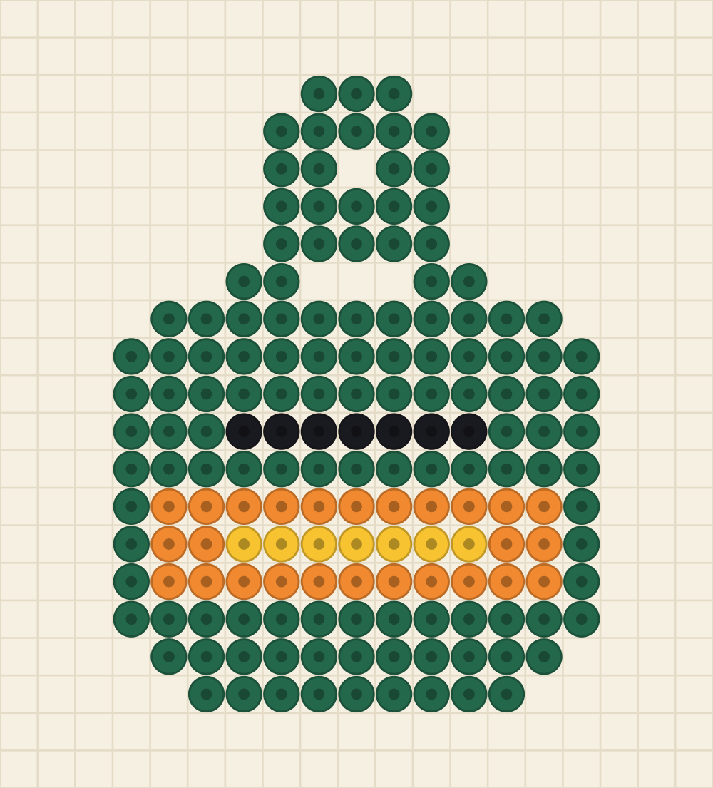 Perler bead keychain chart of a pine green backpack with a black buckle strap and an orange front pocket