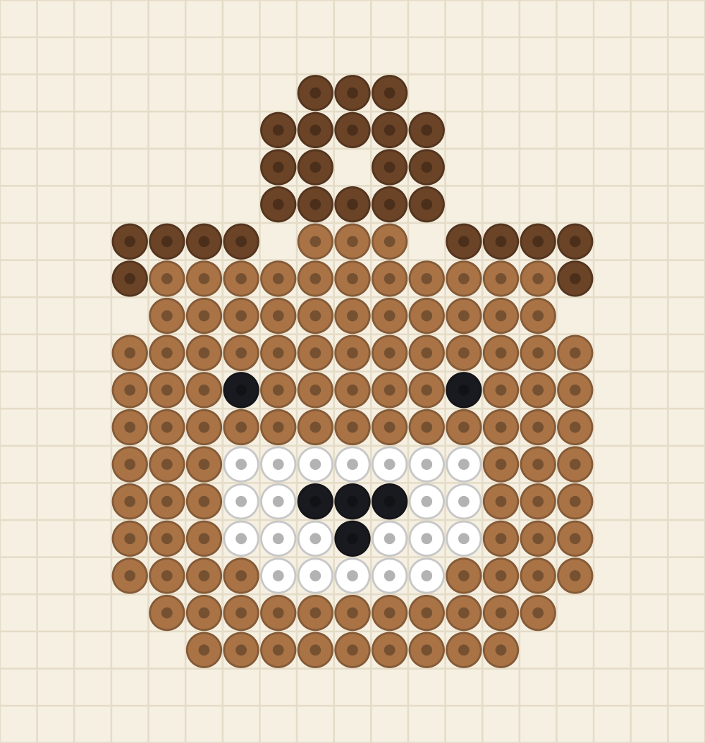 Perler bead keychain chart of a toffee bear face with chocolate ears and a white muzzle