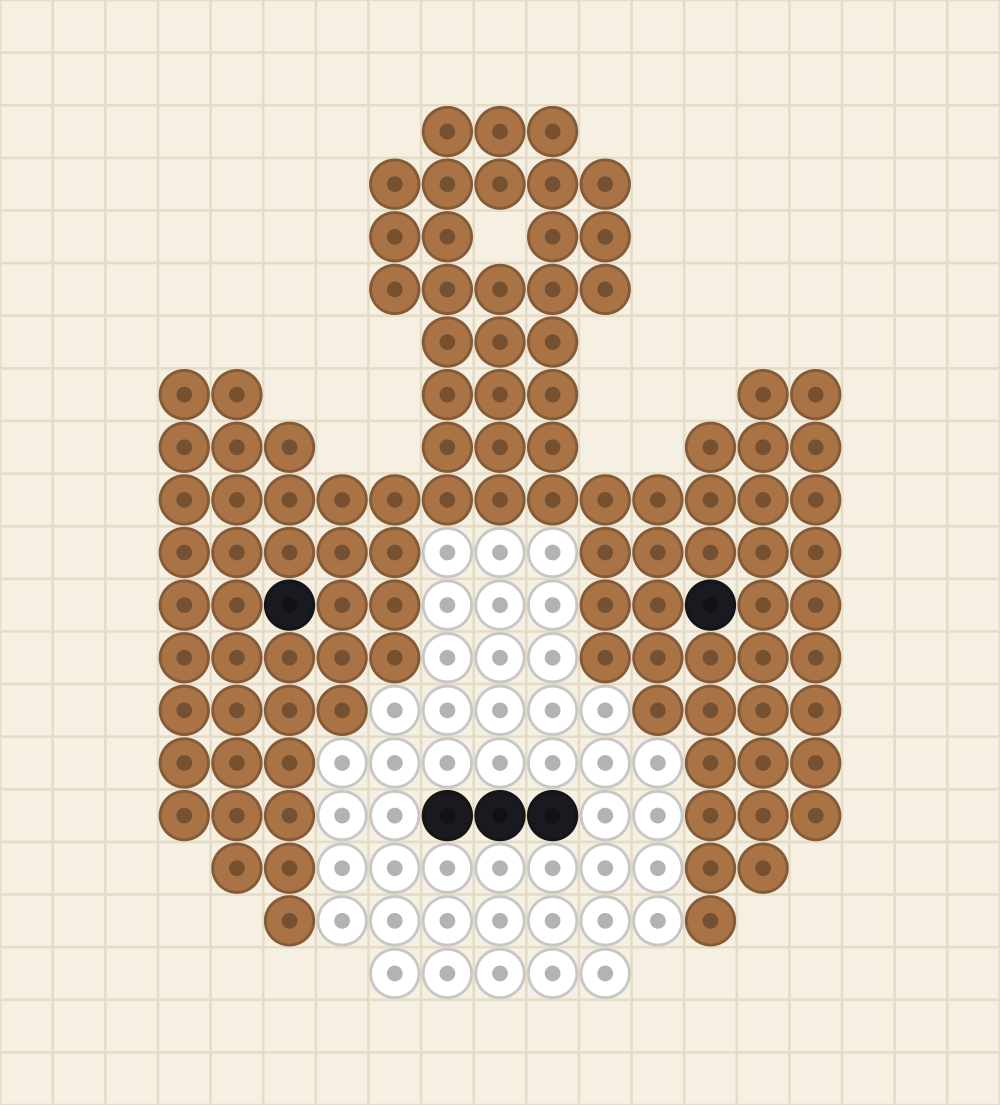 Perler bead keychain chart of a corgi face with tall pointed ears and a white blaze down the middle