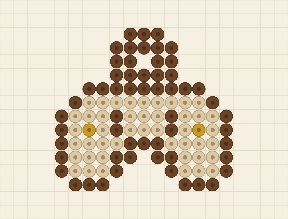 Perler bead keychain chart of a croissant with three segments, two curled horns and a dark baked crust