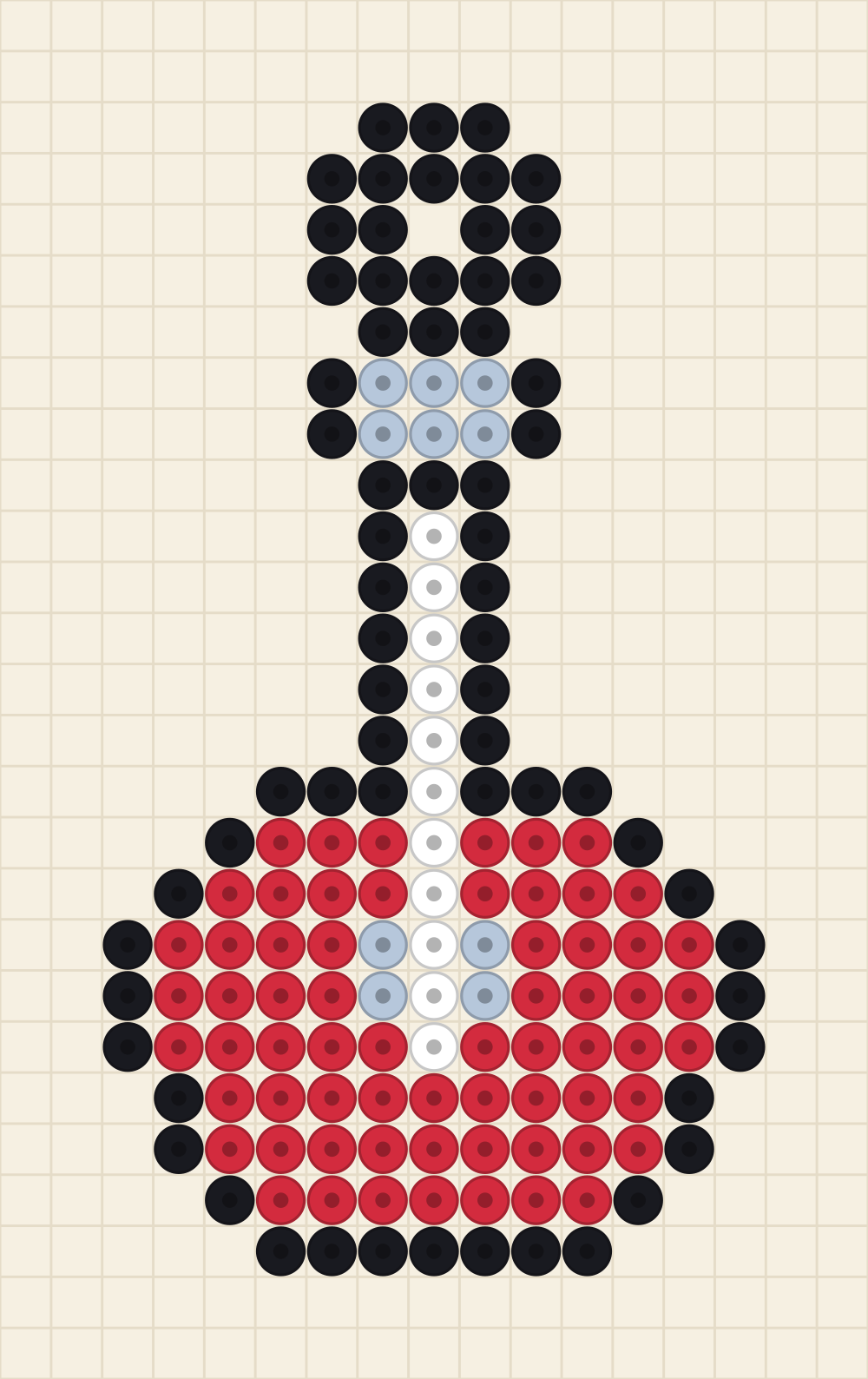 Perler bead keychain chart of a red electric guitar with a black outline, silver tuners and a white string