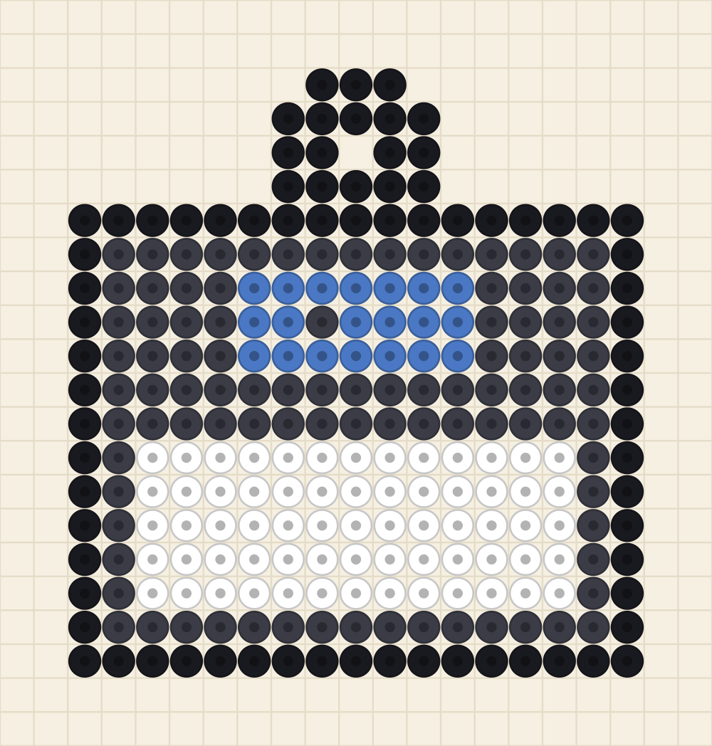 Perler bead keychain chart of a floppy disk with a blue shutter at the top and a white label below