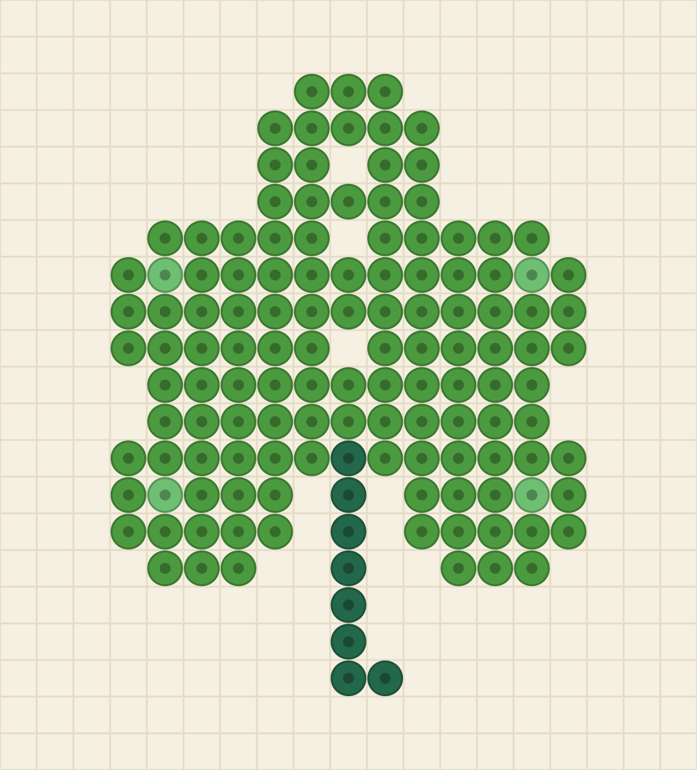 Perler bead keychain chart of a four leaf clover with a pine stem and fern highlight beads