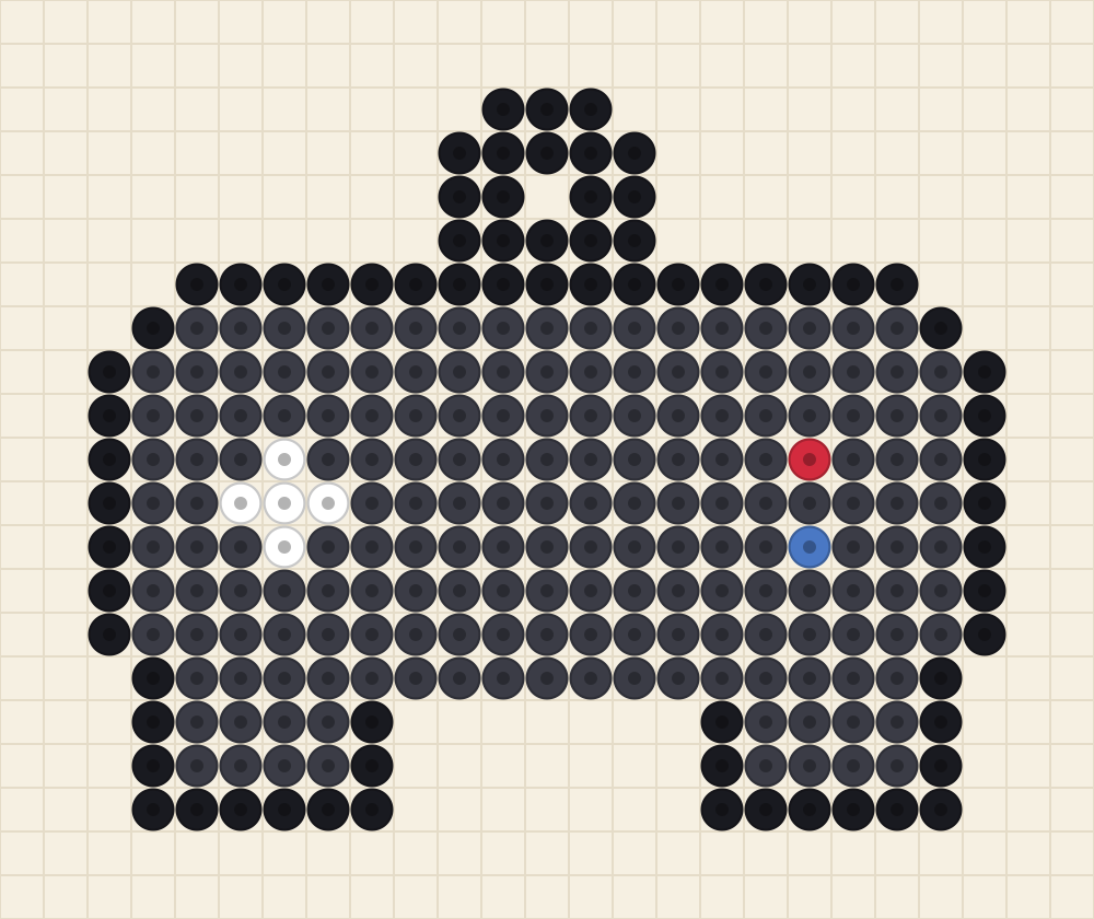 Perler bead keychain chart of a charcoal game pad with a white direction cross and two coloured buttons