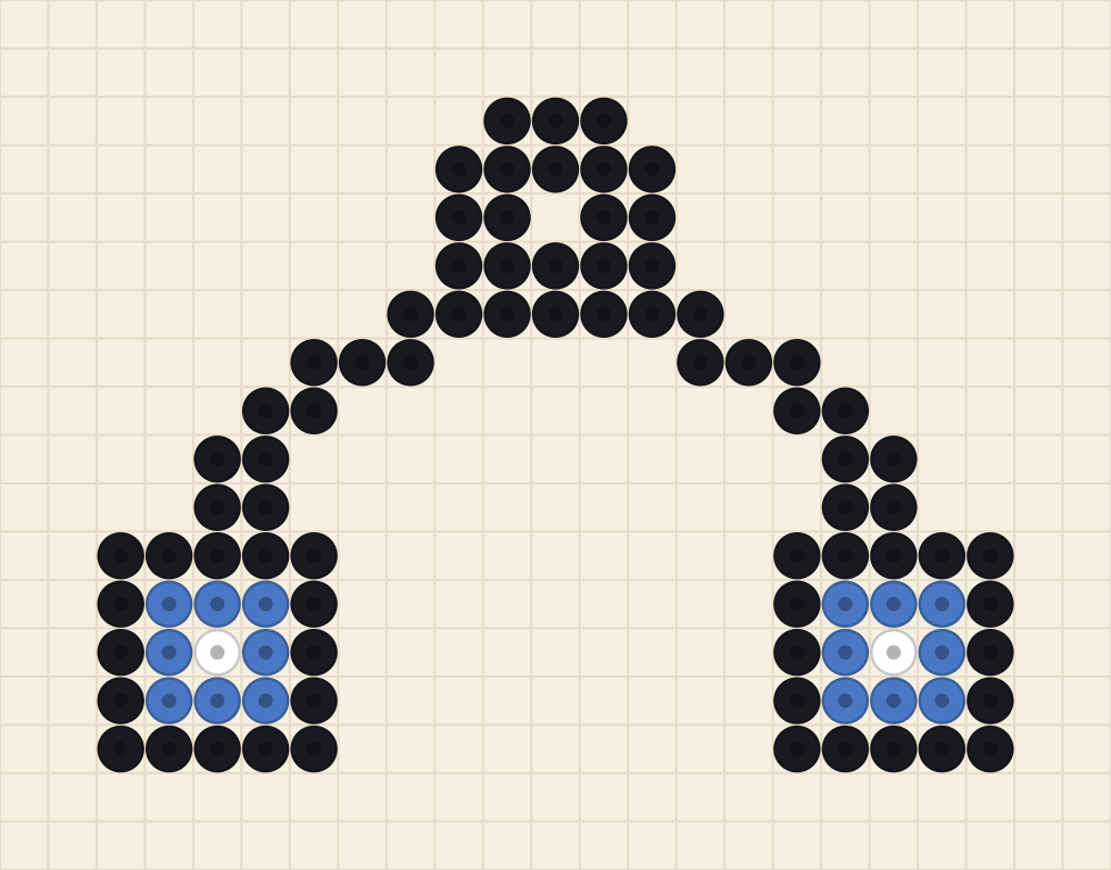 Perler bead keychain chart of over ear headphones with a black band and cornflower ear pads