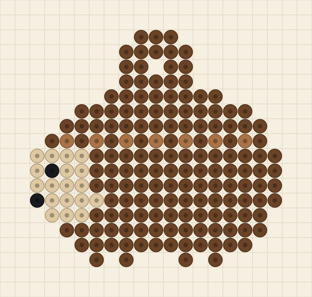 Perler bead keychain chart of a hedgehog with a dark spine mass, a pale sand face and four feet