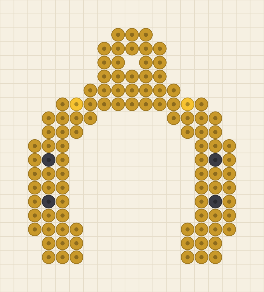 Perler bead keychain chart of a gold horseshoe with four dark nail holes and a sunflower highlight
