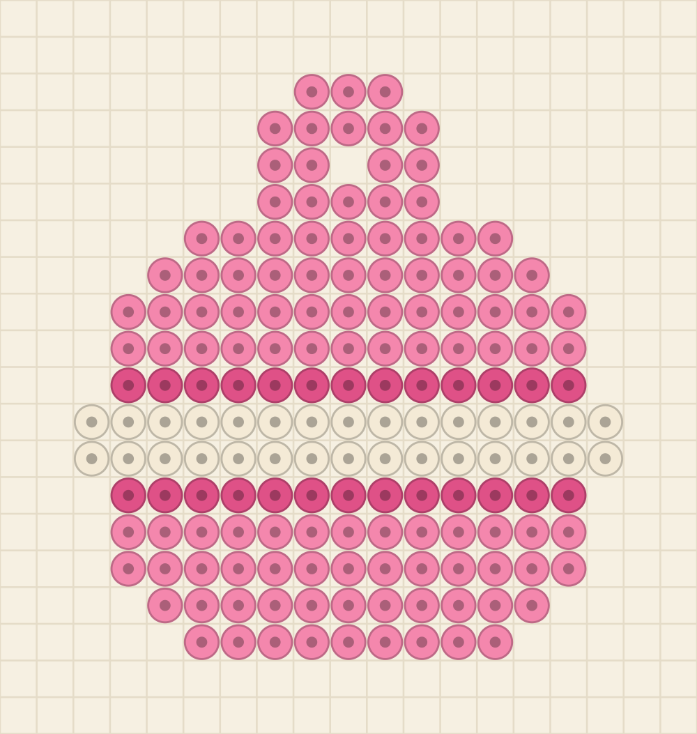 Perler bead keychain chart of a pink macaron with two shells, ruffled feet and a cream filling