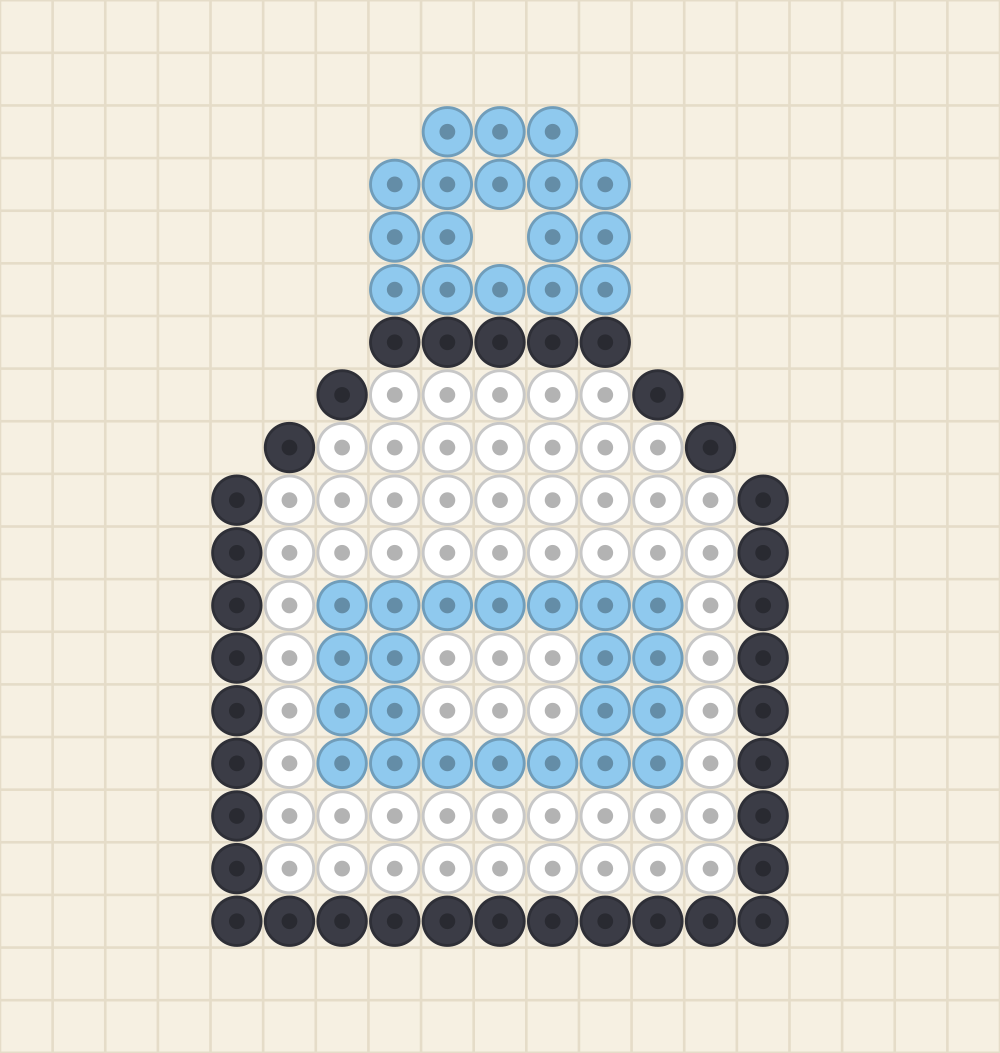 Perler bead keychain chart of a gabled milk carton with a charcoal outline and a sky blue label panel