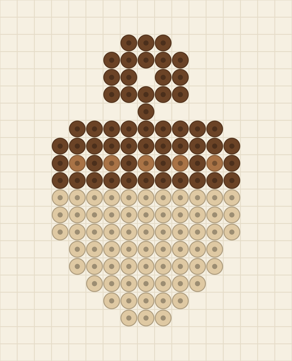 Perler bead keychain chart of an acorn with a dark chocolate cap striped in toffee and a pale sand nut