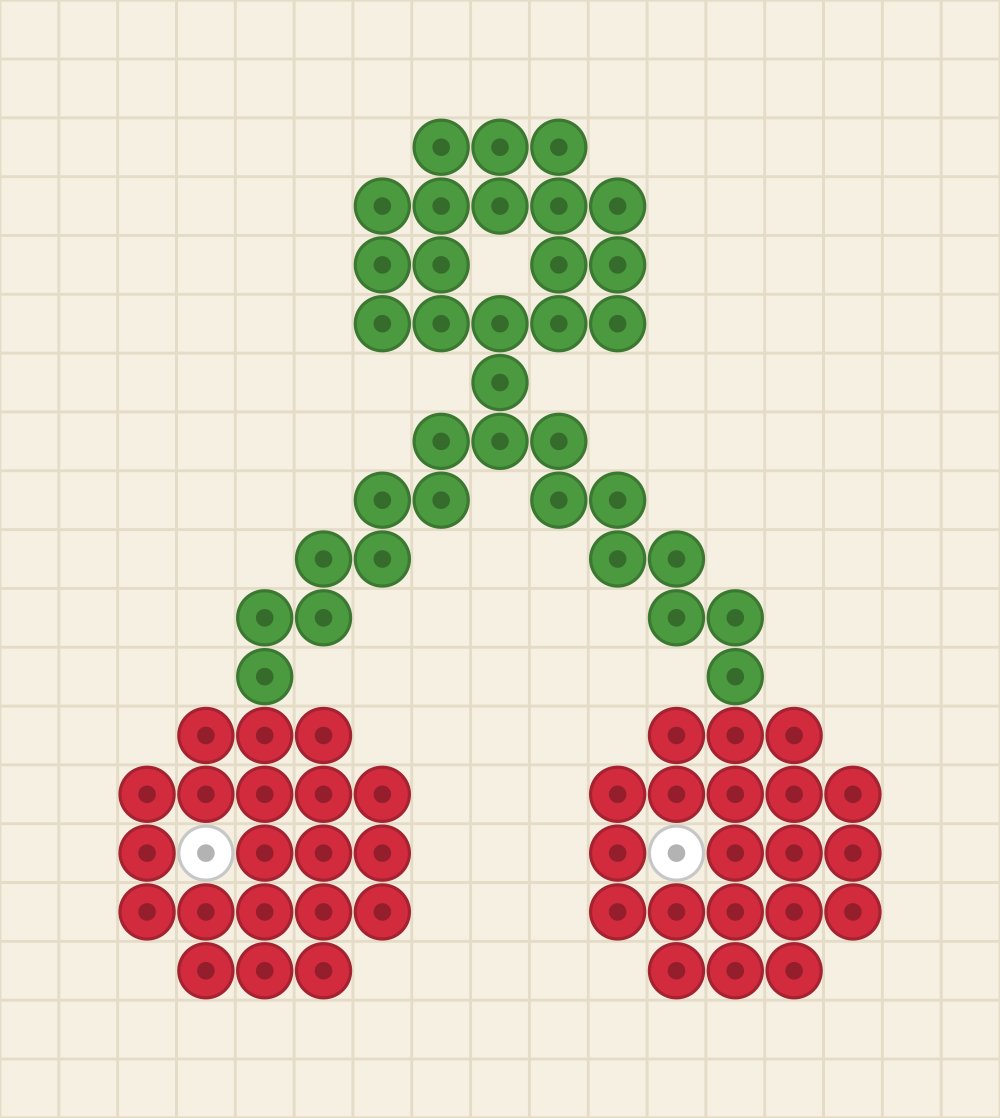 Perler bead keychain chart of two cherries hanging from a forked green stem with white glints