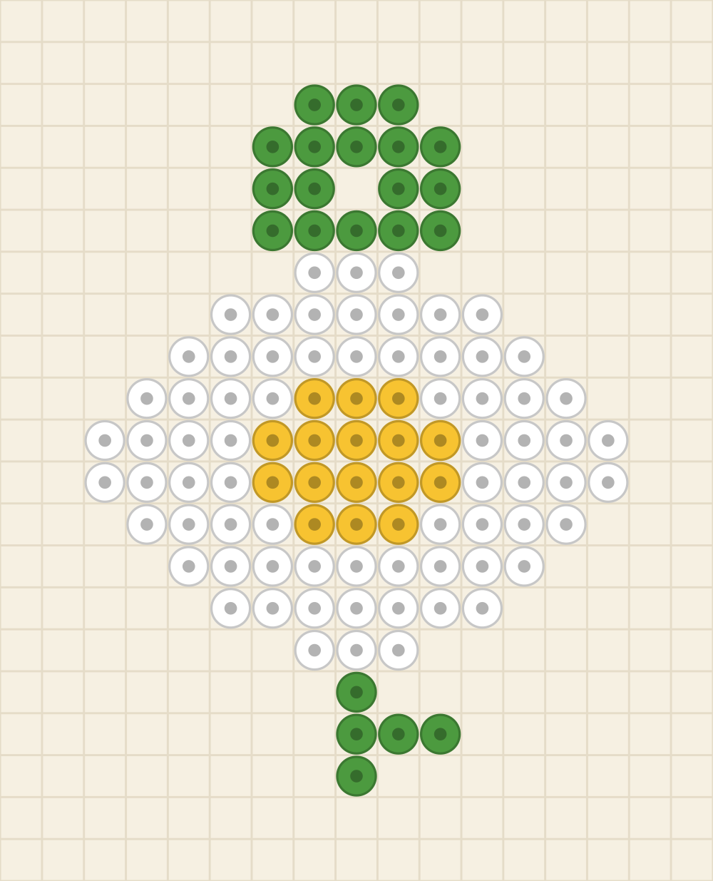 Perler bead keychain chart of a round white daisy with a sunflower centre and a green stem
