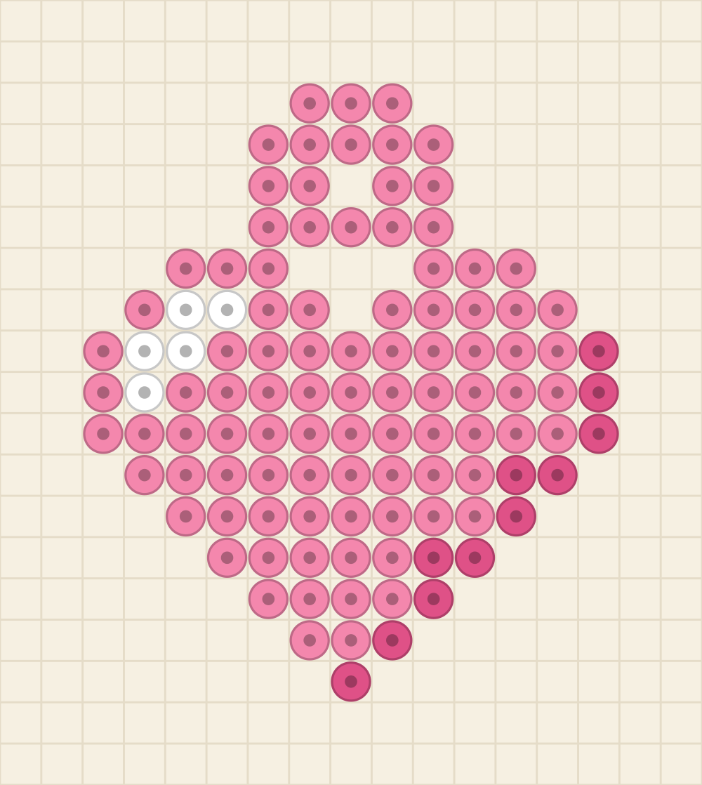 Perler bead keychain chart of a puffy pink heart with a white glint and a rose shadow edge