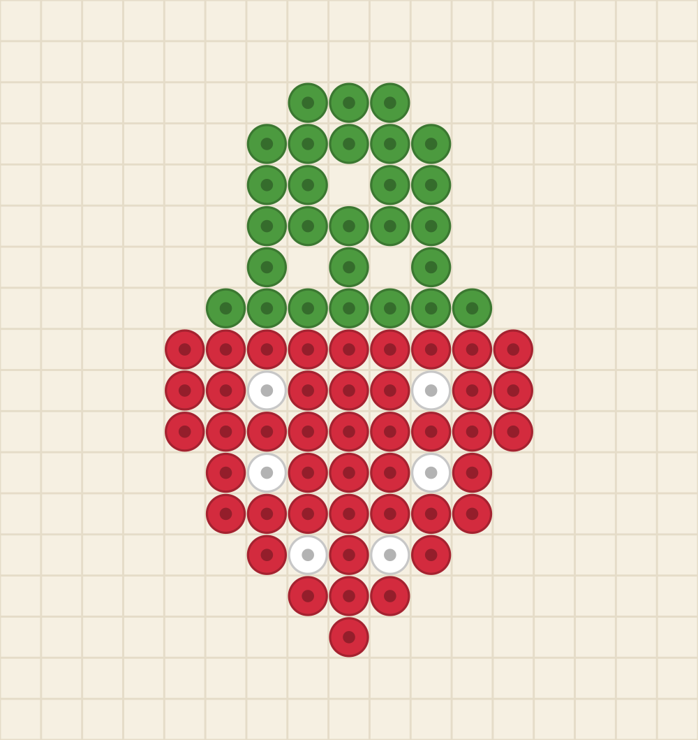 Perler bead keychain chart of a small strawberry with a green leaf crown and a built in loop hole