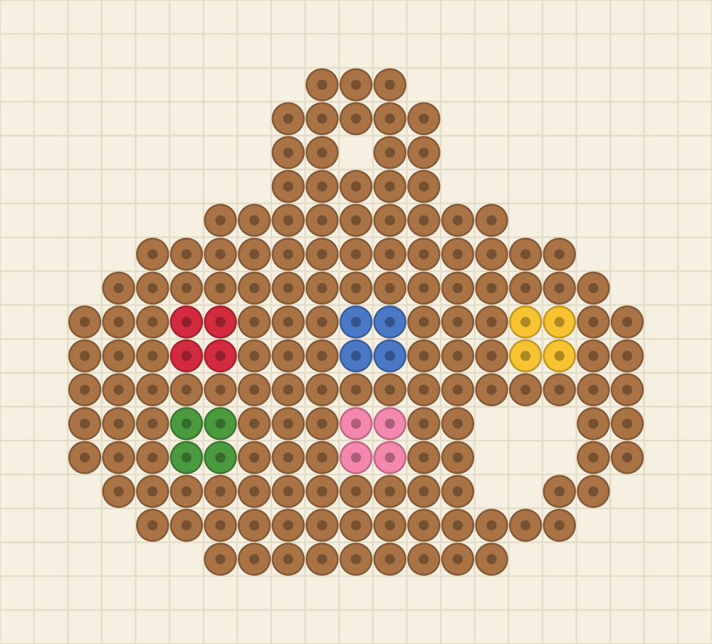 Perler bead keychain chart of a wooden paint palette with five colour dabs and a thumb hole