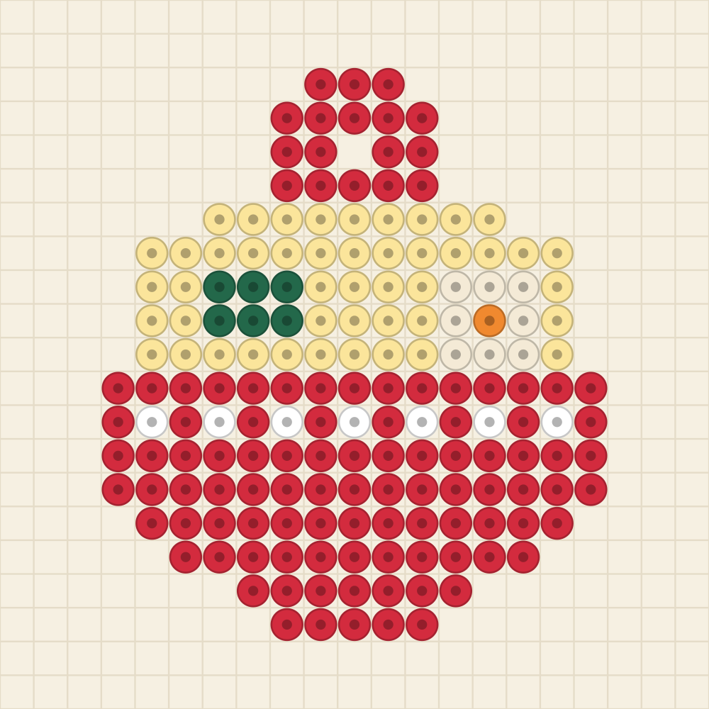 Perler bead keychain chart of a red ramen bowl with noodles, a halved egg and two nori sheets