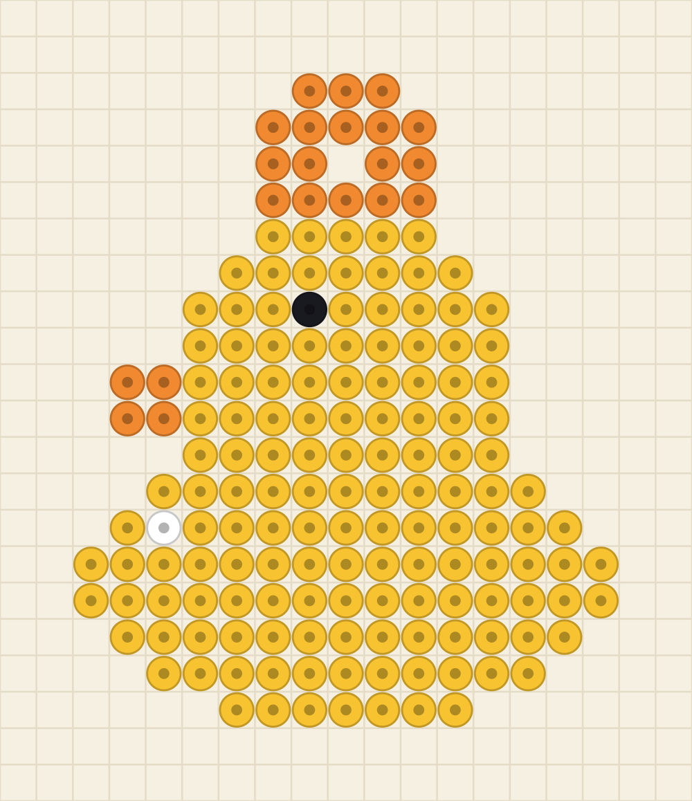 Perler bead keychain chart of a yellow rubber duck with a tangerine beak and a black eye