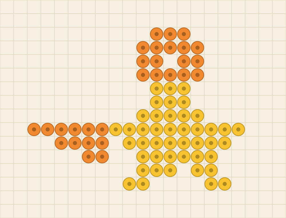 Perler bead keychain chart of a sunflower star with a tangerine tapering trail behind it