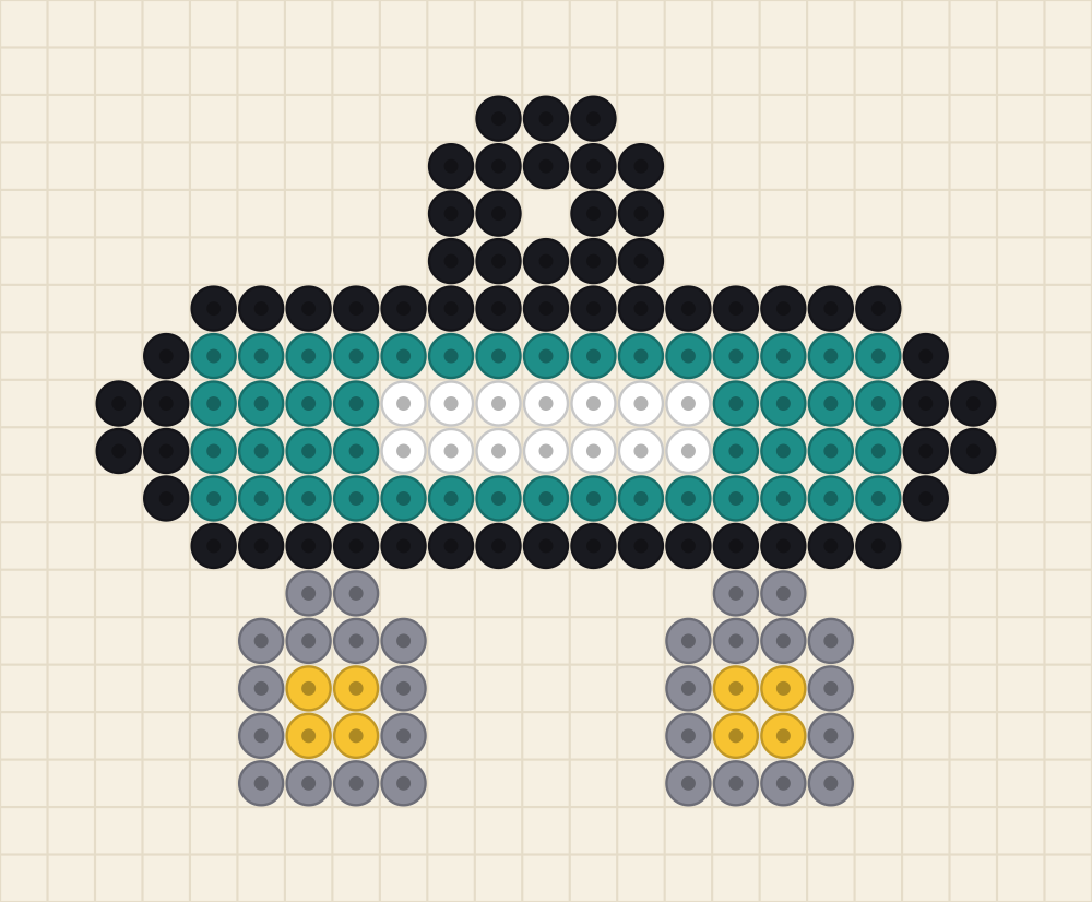 Perler bead keychain chart of a teal skateboard deck with a white stripe, grey trucks and yellow wheels