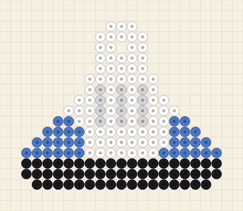 Perler bead keychain chart of a white high top sneaker with grey criss cross laces and a blue panel