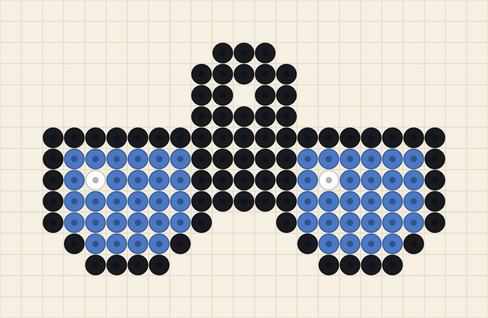 Perler bead keychain chart of black framed sunglasses with cornflower lenses and white glints