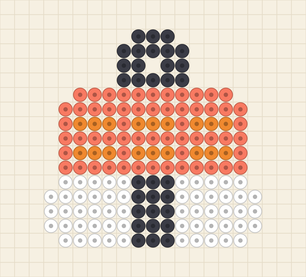 Perler bead keychain chart of a salmon nigiri with striped fish and a dark seaweed band over white rice