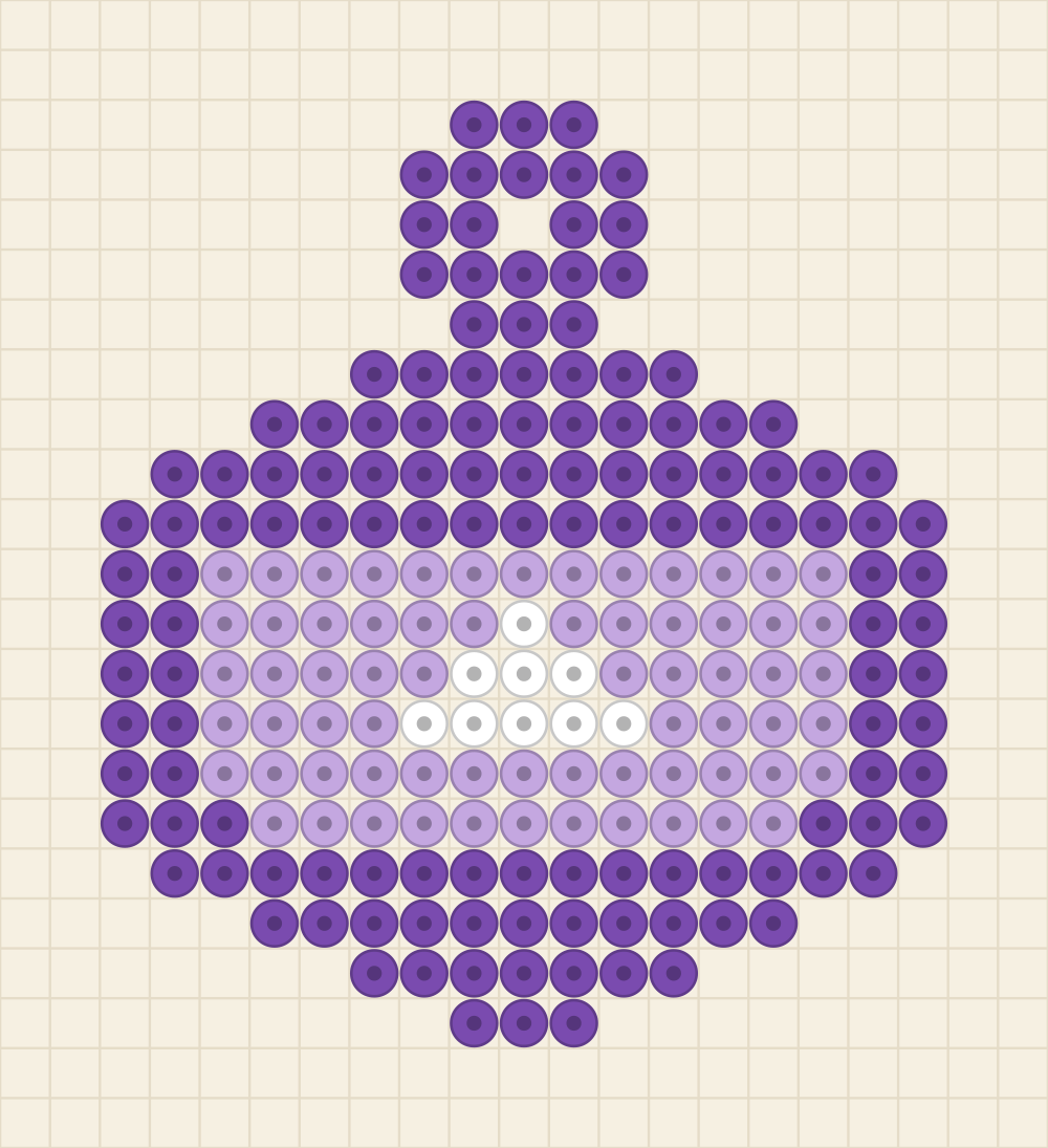 Perler bead keychain chart of a grape coloured twenty sided die with a lilac face and a white facet