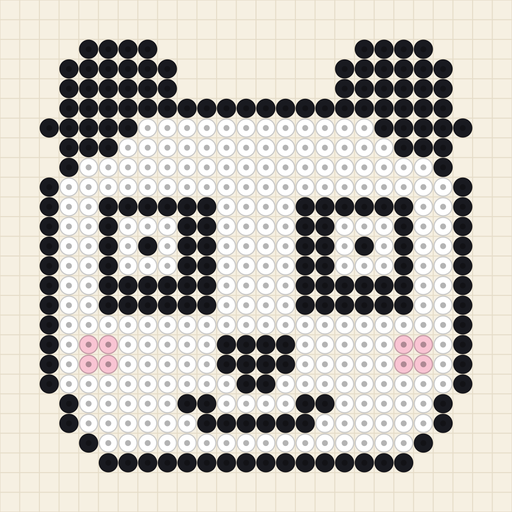 Bead pattern chart of a panda head with round black ears, black eye patches and a wide smile