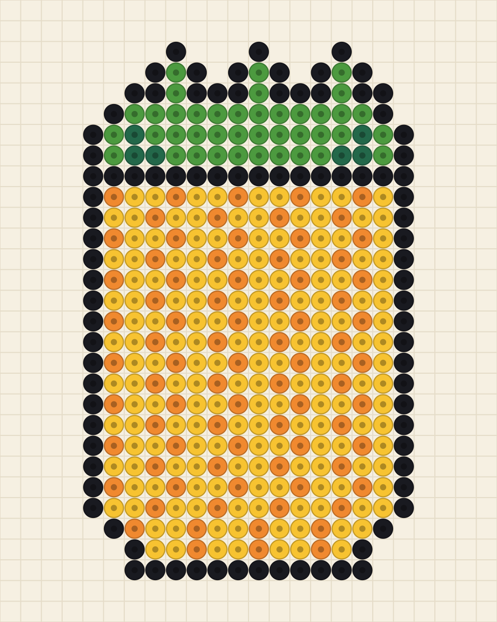 Bead chart of a pineapple with a spiky green crown and a tangerine crosshatch skin