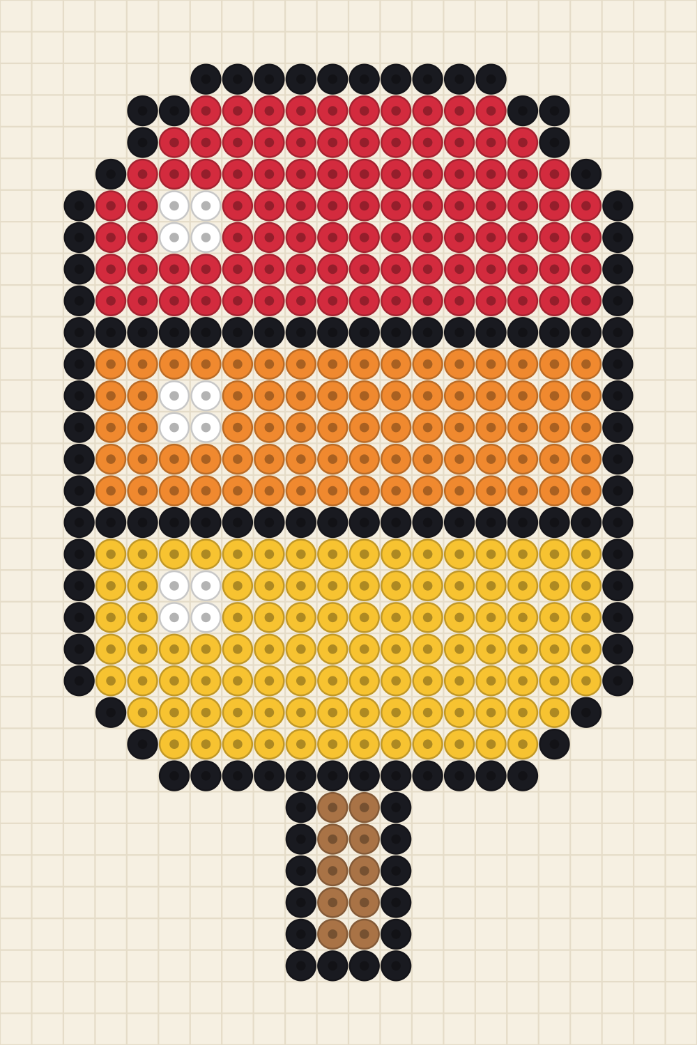 Bead chart of a three layer ice lolly in red, orange and yellow on a wooden stick