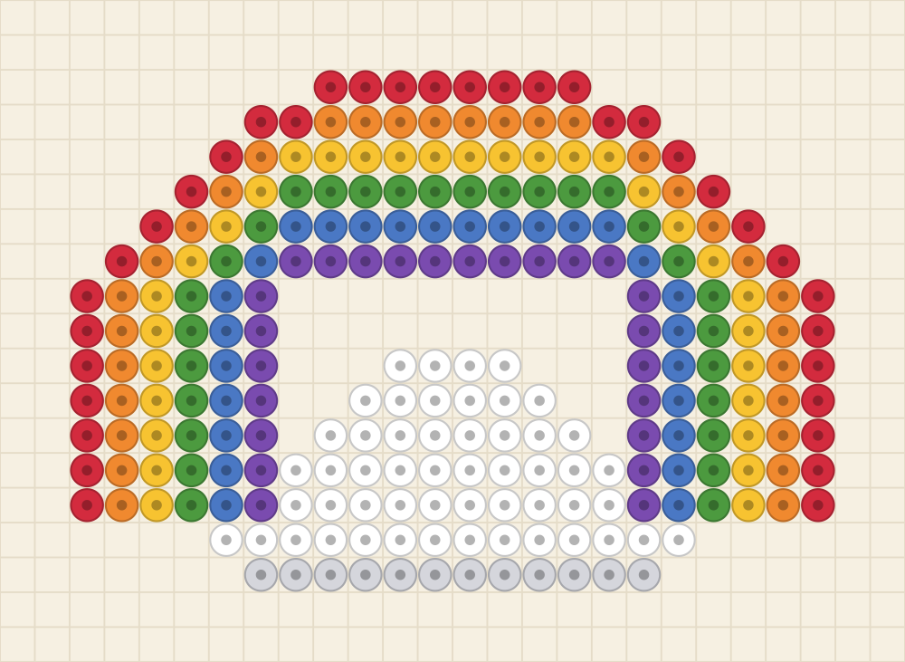 Bead chart of a six band arched rainbow ending in a white cloud with a grey underside