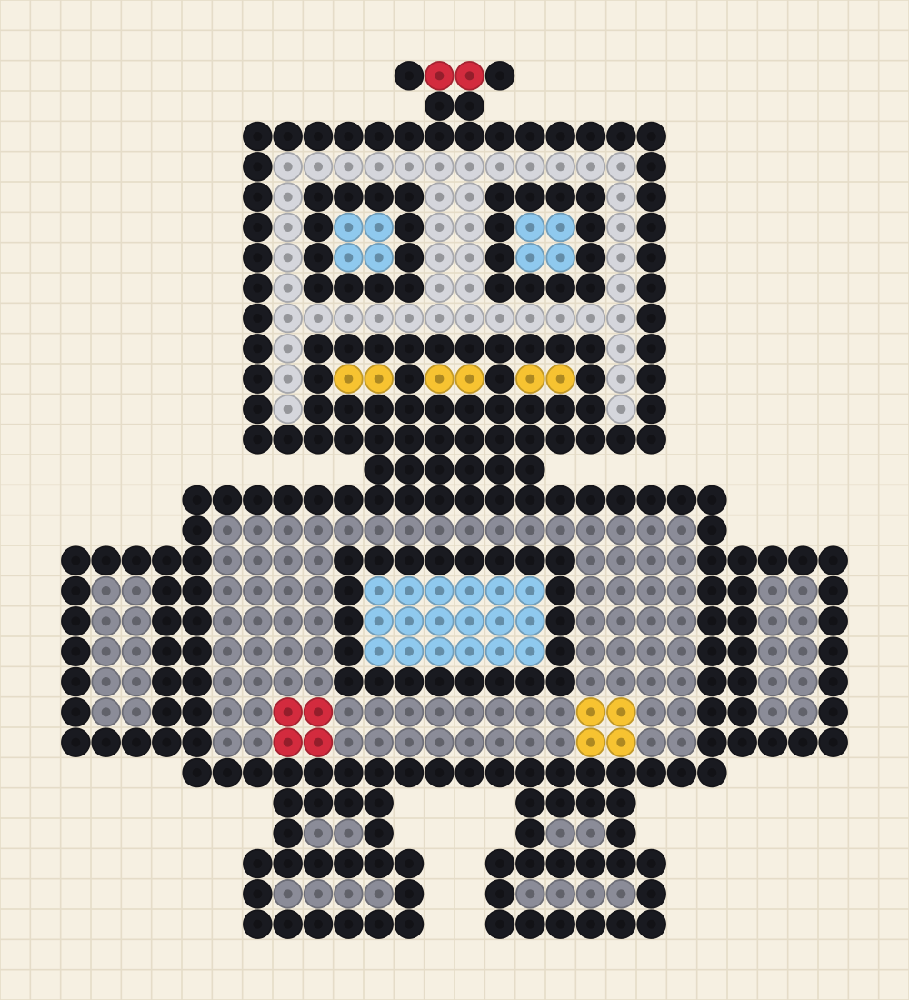 Bead pattern chart of a boxy grey robot with a red antenna ball, blue eyes and a blue chest panel