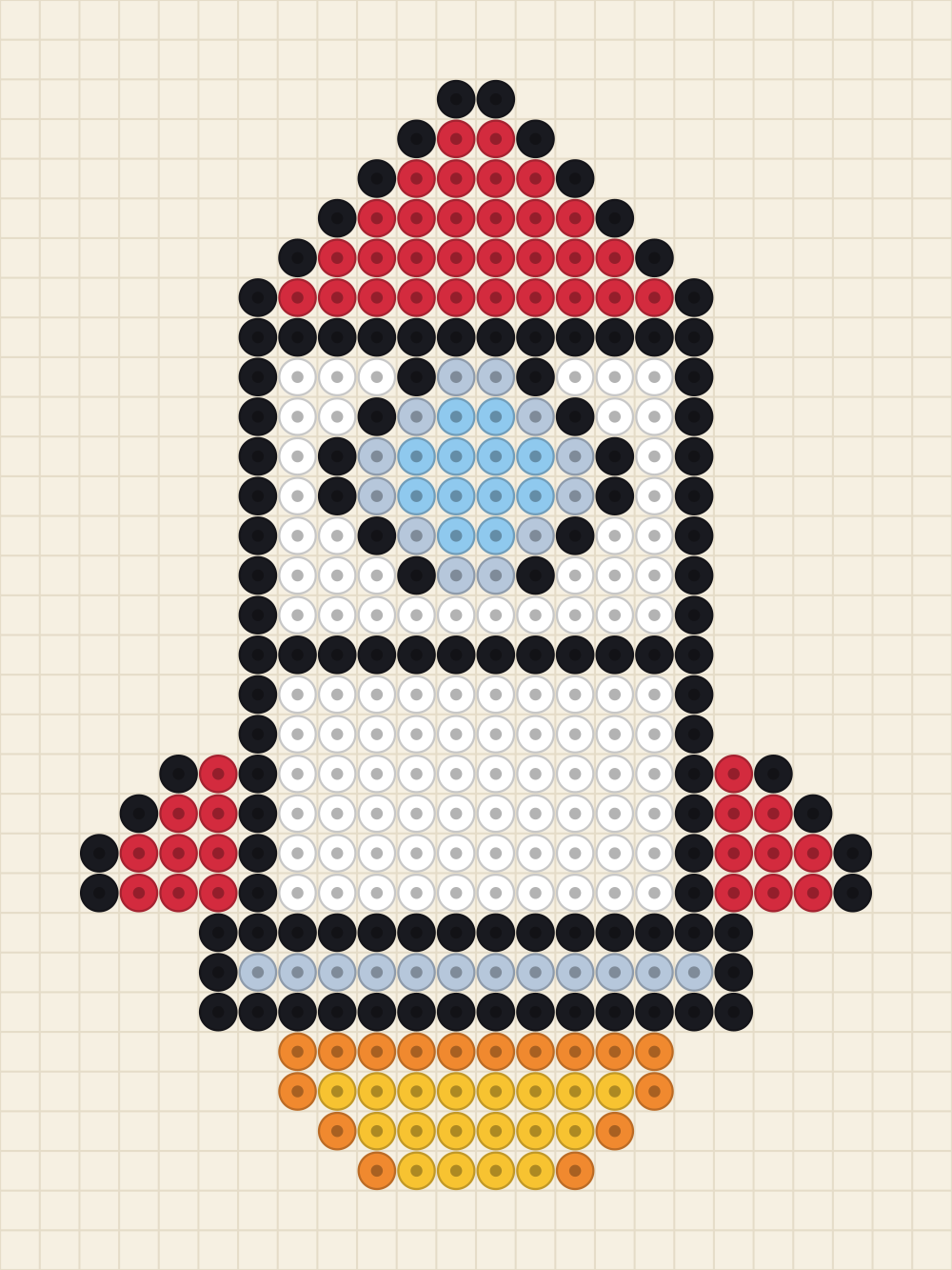 Bead chart of a white rocket with a red nose cone, round blue porthole, red fins and a lit exhaust flame