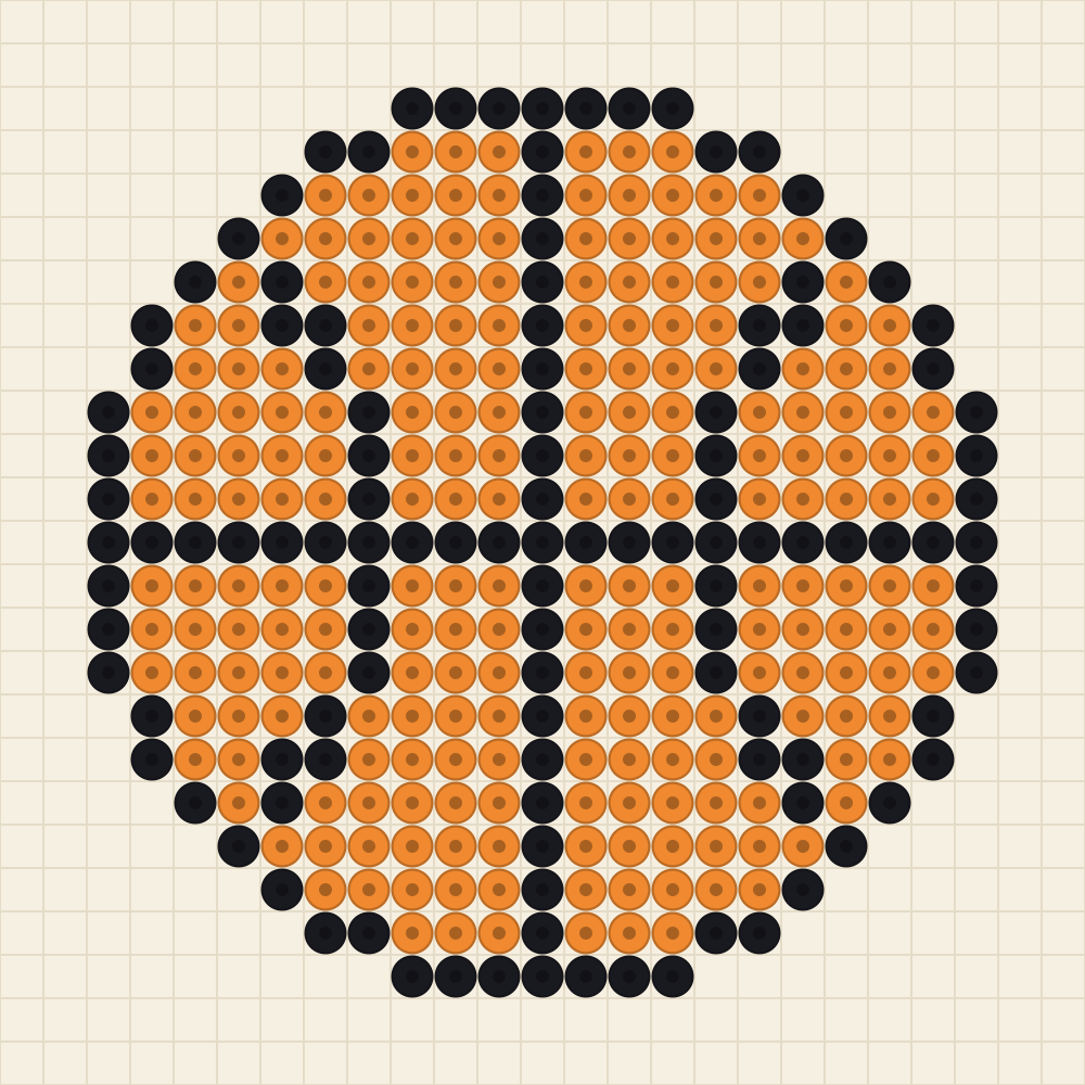 Round perler bead chart of a tangerine basketball with the four black seams that cross its face