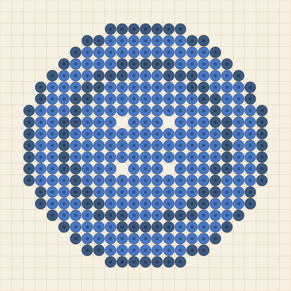 Round bead pattern of a four hole sewing button in cornflower blue with a denim rim groove and four empty pegs