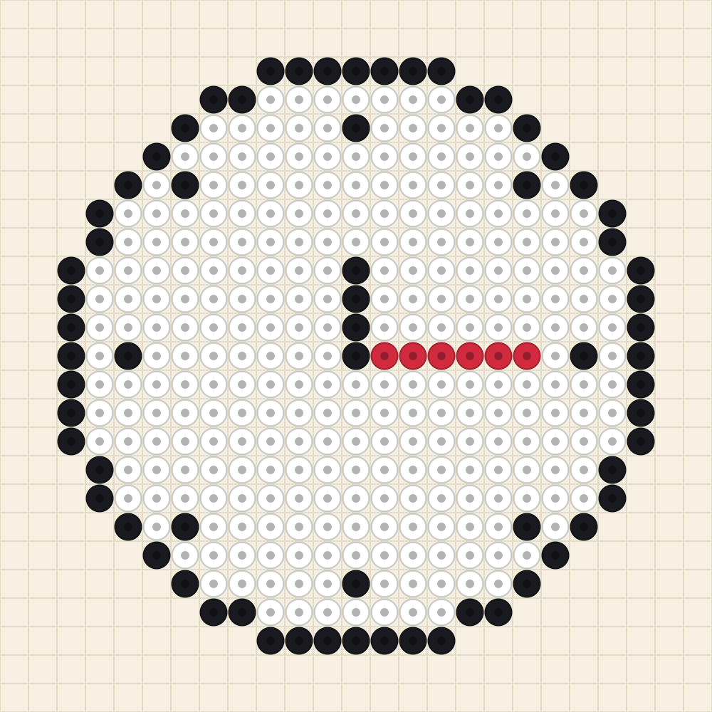 Round perler bead chart of a clock face with eight hour marks, a short black hour hand and a long cherry red minute hand
