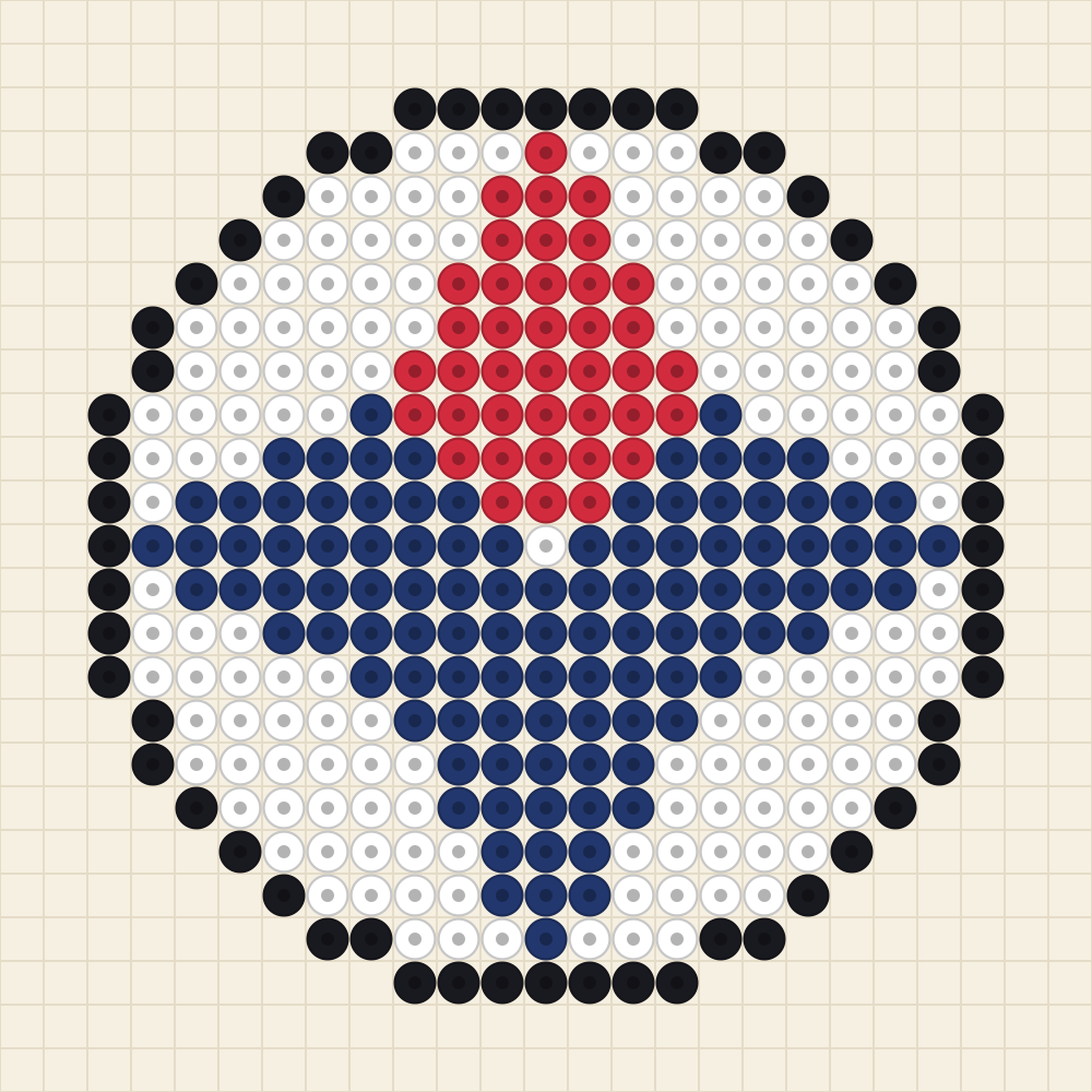 Round bead pattern of a four point compass rose with a red north point and three navy points on a white circle