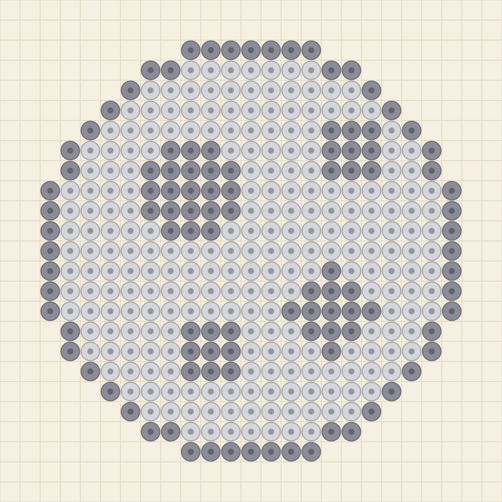 Round perler bead chart of a full moon in pearl grey with four storm grey craters of four different sizes